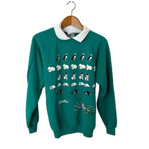 VTG Morning Sun‎ Johnson Hanes Alaska Puffy Paint collared sweatshirt teal large